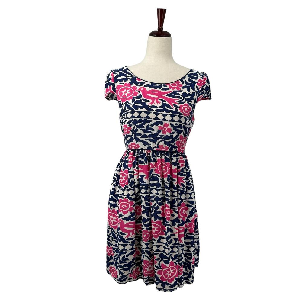Maeve Anthropologie Peralta Fit and Flare Dress‎ 6 Cap Sleeve Pockets Pink Blue